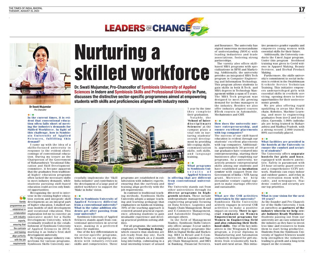SUAS_Indore's tweet photo. Check out the recent Times of India interview with Dr. Swati Mujumdar, Pro Chancellor of Symbiosis University of Applied Sciences where she discusses the innovative teaching approach that sets this university apart. 🎓#EducationInnovation #IndustryAlignment #FutureReady https://t.co/oTr4DTgkmN