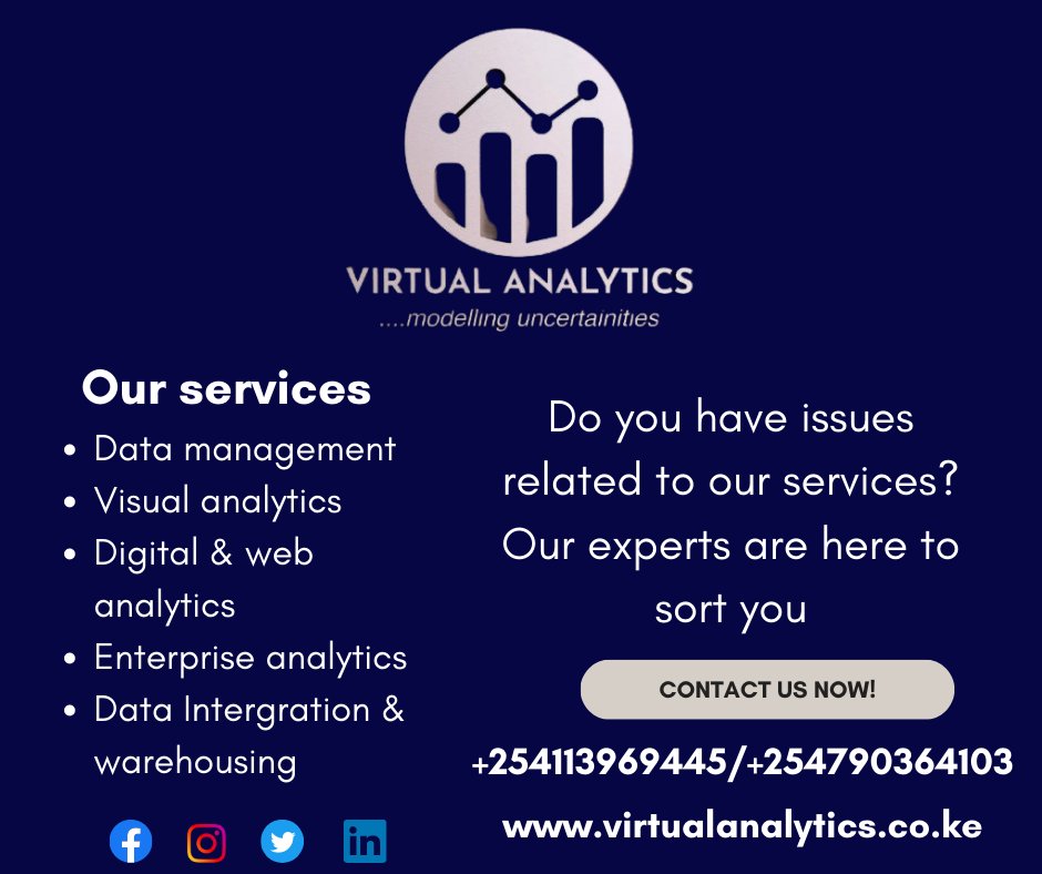 VirtualAnalyt's tweet image. Unlocking Insights, Empowering Decisions! ๐ Discover the power of data with our services. Your journey to informed decisions starts here. visit our website for more at virtualanalytics.co.ke #DataDrivenSuccess #AnalyticsMasters
