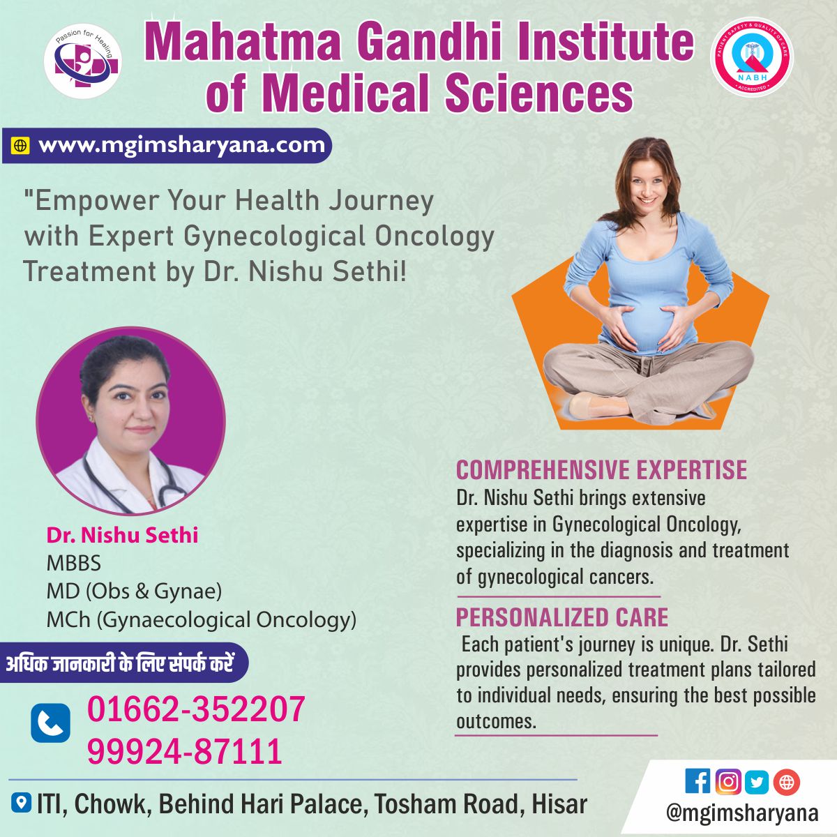 'Empower Your Health Journey with
Expert Gynecological Oncology Treatment by
Dr. Nishu Sethi! 🌼👩‍
#GynecologicalOncology #CancerCare #ExpertHealing #mgims #mgimsharyana.com