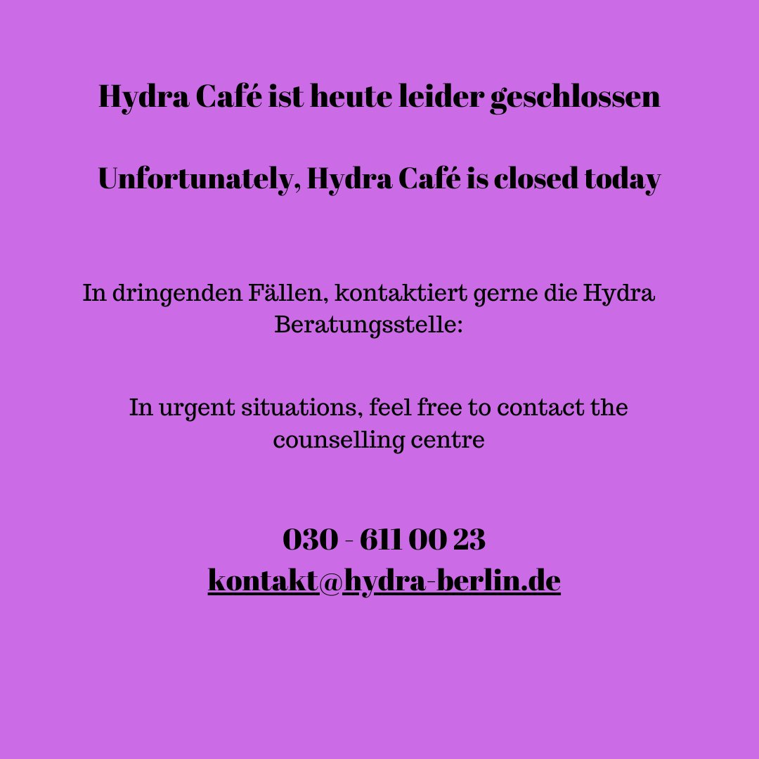 hydra_berlin's tweet photo. Wegen eines Wasserschadens müssen wir heute leider noch einmal schließen. Wir hoffen euch nächsten Mittwoch zu den Öffnunsgzeiten wiederzusehen

Due to a water breakage unfortunaltey the Hydra Café has to close again today. We hope to see you next wednesady for our opening hours https://t.co/PIgUDYduru