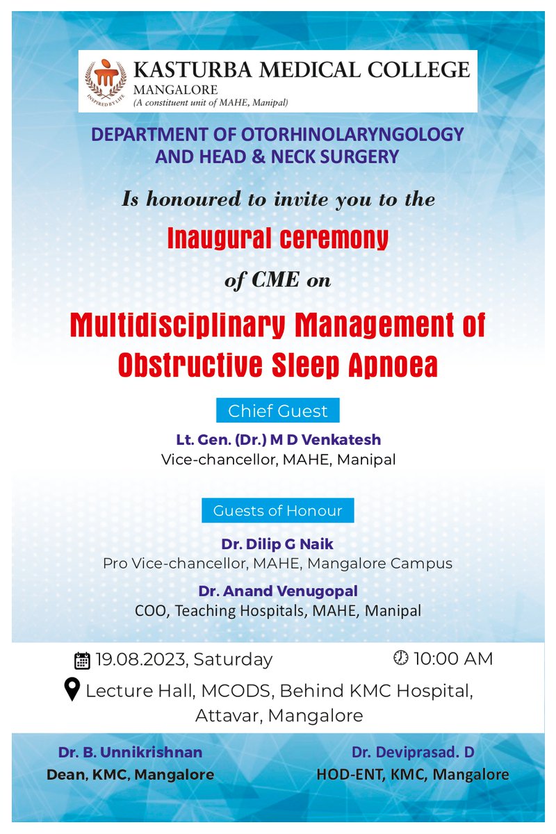 KMC_Mangalore's tweet photo. CME on Multidisciplinary Management of Obstructive Sleep Apnea : Department of Otorhinolaryngology and Head and Neck Surgery

#inauguration #medicaleducation #osa #ent https://t.co/ddEzEB1VZj
