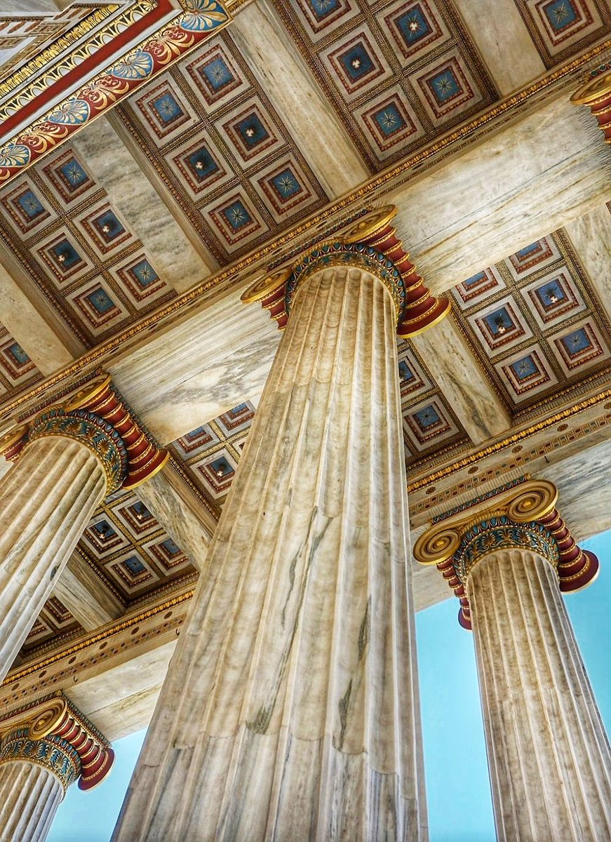 The Academy of Athens ceiling. Blue and red colours was existing on buildings and statues in ancient Greece. #Athens #athenstours #athenshistory #Greece #greekhistory #greektours #ancientGreece #ancienthistory  #History #greektourism