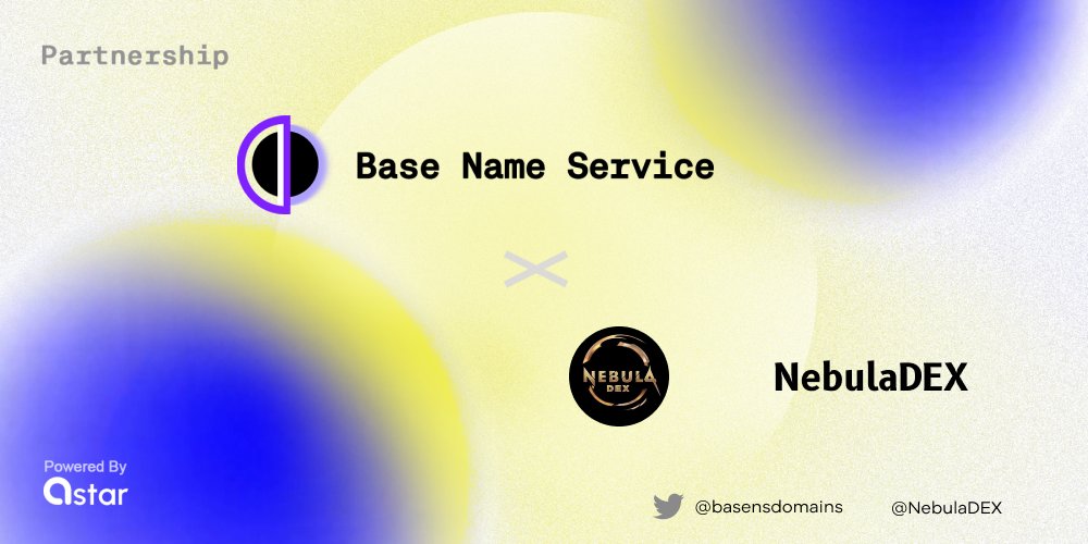 basensdomains's tweet photo. 🚀@NebulaDex x @basensdomains  Giveaway

🥳We are delighted to share the exciting news of our collaboration with @NebulaDex, and looking forward to you arrival

🏆 10 lucky winners will receive:
- 5 x $25
- 5 x 4-Char Random .base Domain

👉 Come and join us at: https://t.co/o6d1yIY7Hh
#BASE #Domains #DID