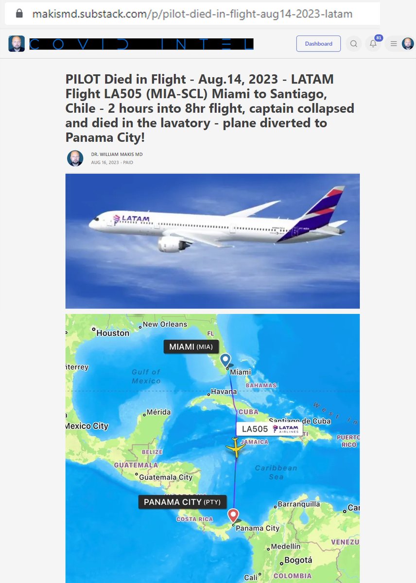 BREAKING NEWS: PILOT has died Inflight

Aug.14, 2023 - LATAM Airlines Flight LA505 (MIA-SCL) Miami to Santiago, Chile - 2 hours into 8hr flight, captain collapsed and died in the lavatory - plane diverted to Panama City - 3rd pilot collapse THIS WEEK!

56 year old captain pilot