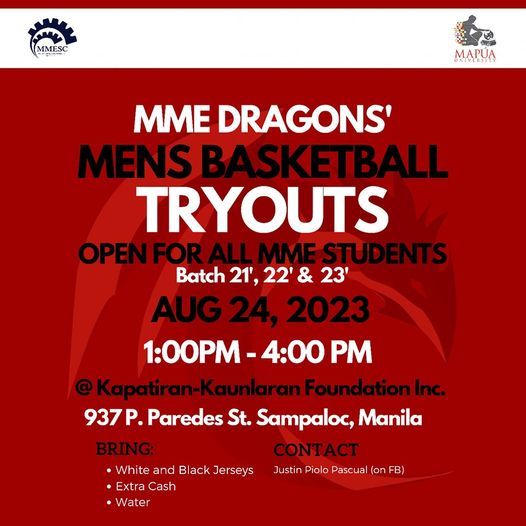 MAPUA_MMESC's tweet photo. ❗❗𝗠𝗠𝗘 𝗠𝗘𝗡𝗦 𝗕𝗔𝗦𝗞𝗘𝗧𝗕𝗔𝗟𝗟 𝗧𝗥𝗬𝗢𝗨𝗧𝗦❗❗
Attention Batch 21 to Batch 23! Tryouts for the MME Men's Basketball team are now open! Tryouts will be held on August 24, 2023, from 1pm to 4pm at the Katipunan-Kaunlaran Foundation Inc. in Sampaloc, Manila. https://t.co/BTuDD7LuVQ