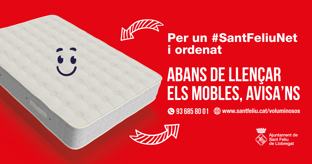 ☀️ Bon dia!

🪑 Recorda que per sol·licitar el nou servei de recollida de voluminosos cal trucar al 93 685 80 01 o fer la tramitació a:
ℹ santfeliu.cat/voluminosos

🗣 També pots sol·licitar-ho a l’Oficina d’Atenció Ciutadana (OAC).

🙏 Per un #SantFeliuNet i ordenat.

#SantFeliu