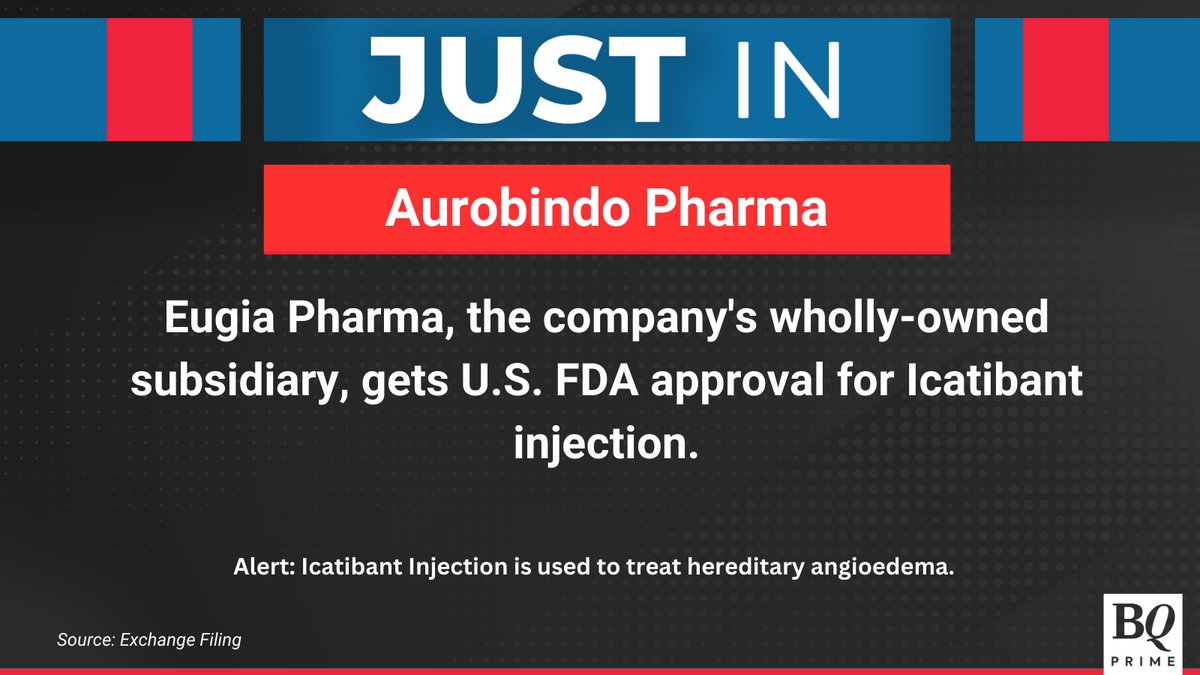 NDTVProfitAlpha's tweet photo. #AurbindoPharma unit gets U.S. FDA approval for Icatibant injection.

For the latest news and updates, visit: https://t.co/gXeGqKQ77P https://t.co/H5nmimeD26