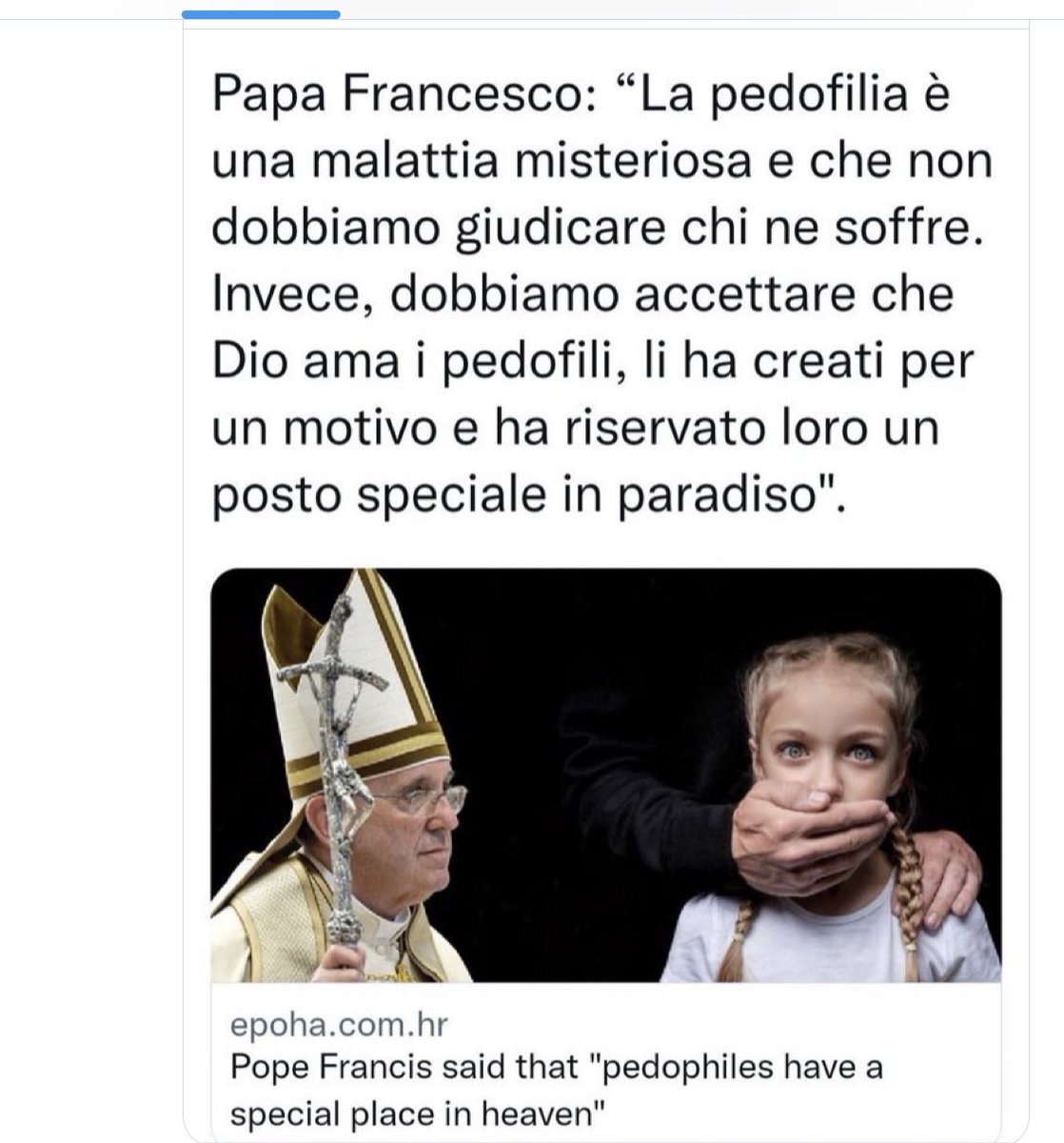 Anthony04676's tweet photo. Papa Francisco: "La pedofilia es una enfermedad misteriosa y no debemos juzgar a quienes la padecen. En cambio, debemos aceptar que Dios ama a los pederastas, los creó por una razón y les ha reservado un lugar especial en el cielo" https://t.co/gHiQLT7HjZ