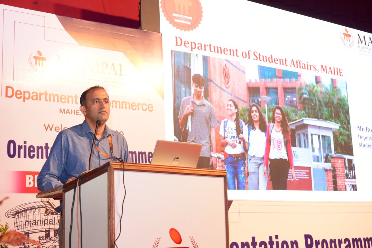 MaheAffairs's tweet photo. Mr Roshan David Jathanna Deputy Director Department of Student Affairs MAHE Manipal during Orientation to First year BBA and B Com students of Department of Commerce MAHE Manipal, which took place on 2nd and 3rd August 2023 https://t.co/dDLFL967hM