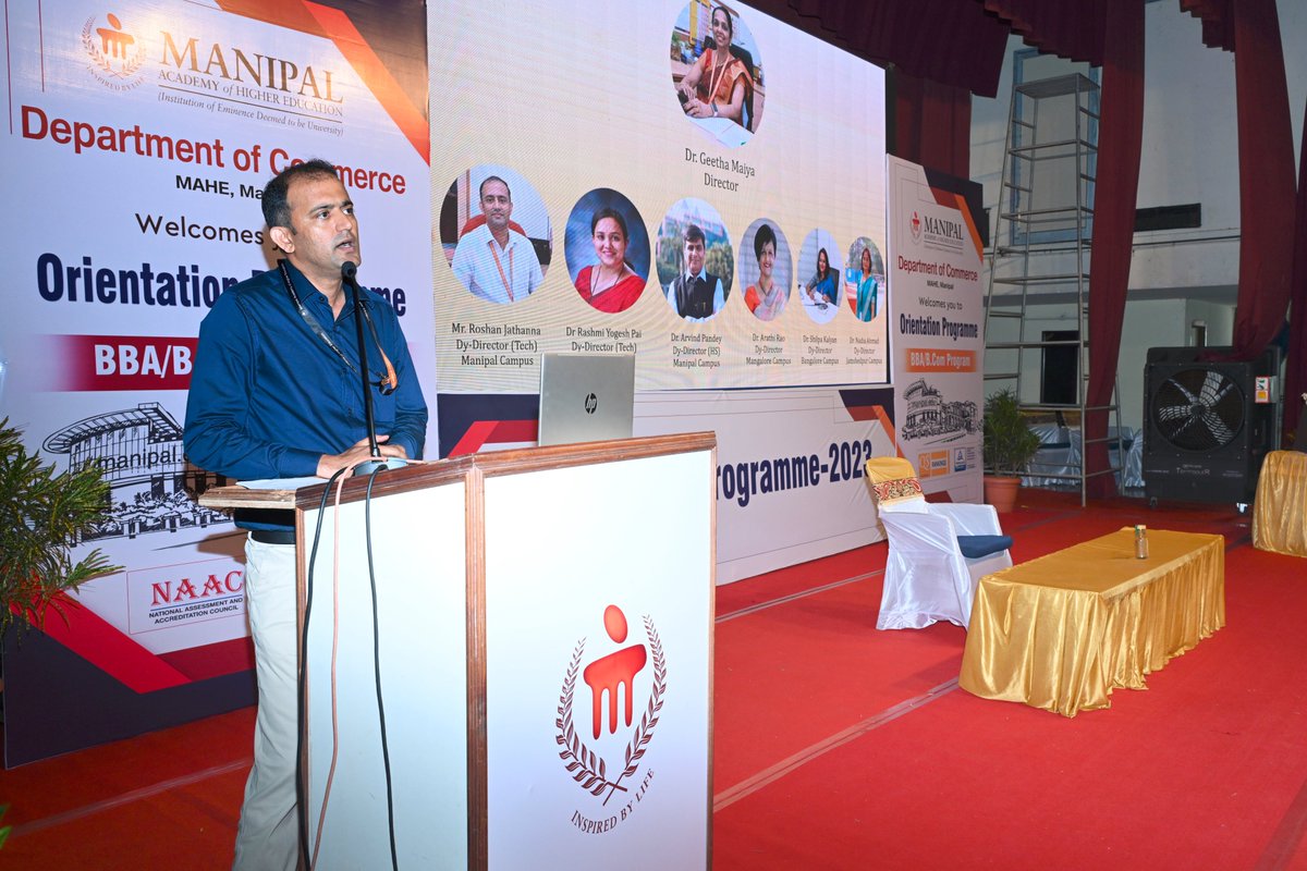 MaheAffairs's tweet photo. Mr Roshan David Jathanna Deputy Director Department of Student Affairs MAHE Manipal during Orientation to First year BBA and B Com students of Department of Commerce MAHE Manipal, which took place on 2nd and 3rd August 2023 https://t.co/dDLFL967hM