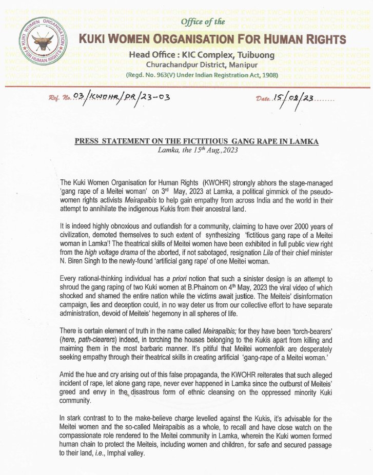 ITLFMedia_Cell's tweet photo. Exposing Falsehoods

In response to the alleged claims and subsequent FIR report on the gang r@pe of a Meitei woman in Lamka on May 3, 2023, the Ngathal Village Authority (where the woman resides) and the Kuki Women Organization for Human Rights, Lamka District strongly refute these baseless claims.

This is part of the ongoing orchestrated campaigns by the Meitei community aimed at countering the #ManipurViralVideo /#ManipurHorrorVideo which exposed the horrifying ordeal of two Kuki-Zo women, one of whom being a mere teenager, subjected to a deplorable act of being paraded naked, tortured, molested, and ultimately gang r@ped at B. Phainom village on May 4, 2023.

It is vital to clarify that our women, instead of being victims, united in solidarity and formed a human chain at #Chiengkawnpang, Lamka on May 3 and 4, 2023. This collective effort by our women ensured the safe departure of Meiteis, including children, women, and men, from Lamka.

We must emphasize the importance of discerning fact from fiction, as the Meitei Community's attempts to manipulate the truth have caused significant distress and irreparable harm.

@NELiveTV @newslaundry @IndiaTodayNE @IndianExpress @TheQuint @nytimes 
@htTweets @EastMojo @thewire_in @ttindia 
@ShillongTimesIn @timesofindia @TheTelegraph__ @NELiveTV @BBCIndia 
@NIA_India @Reuters @ABPNews @ZeeNewsEnglish @CNNnews18  @thewire_in
@aajtak @sardesairajdeep @BDUTT @meipat @AIIndia @mtfdelhi @NamtaUs @NAMTACanada @boomlive_in @zoo_bear

#ManipurIncident #ManipurViolence #ManipurCrisis #MeiteiRapists #MeiteiLies #MeiteiLiesXposed #MeiteiTerrorists #MeiteiMeiraPaibisXposed 
#UnionTerritoryWithLegislature4KukiZo #TotalSeparationFromManipur #separation_only_solution