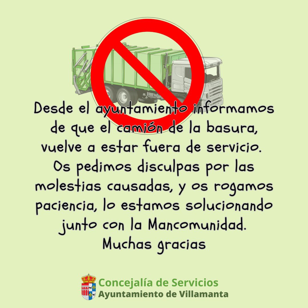 ⚠️AVISO⚠️
Averías del camión de recogida de residuos durante el verano 
Os rogamos paciencia por la situación.
Muchas Gracias 
Concejalía de servicios 
Ayuntamiento de Villamanta 
#villamanta #madrid #basura