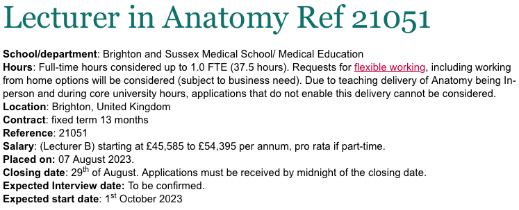 anat_soc's tweet photo. New vacancy alert!
@BSMSMedSchool are recruiting an anatomy lecturer (fixed term contract)
Closing date for applications is 29th Aug.
Further info can be found here https://t.co/Fg0bndNh5K https://t.co/WkHesoiPxR