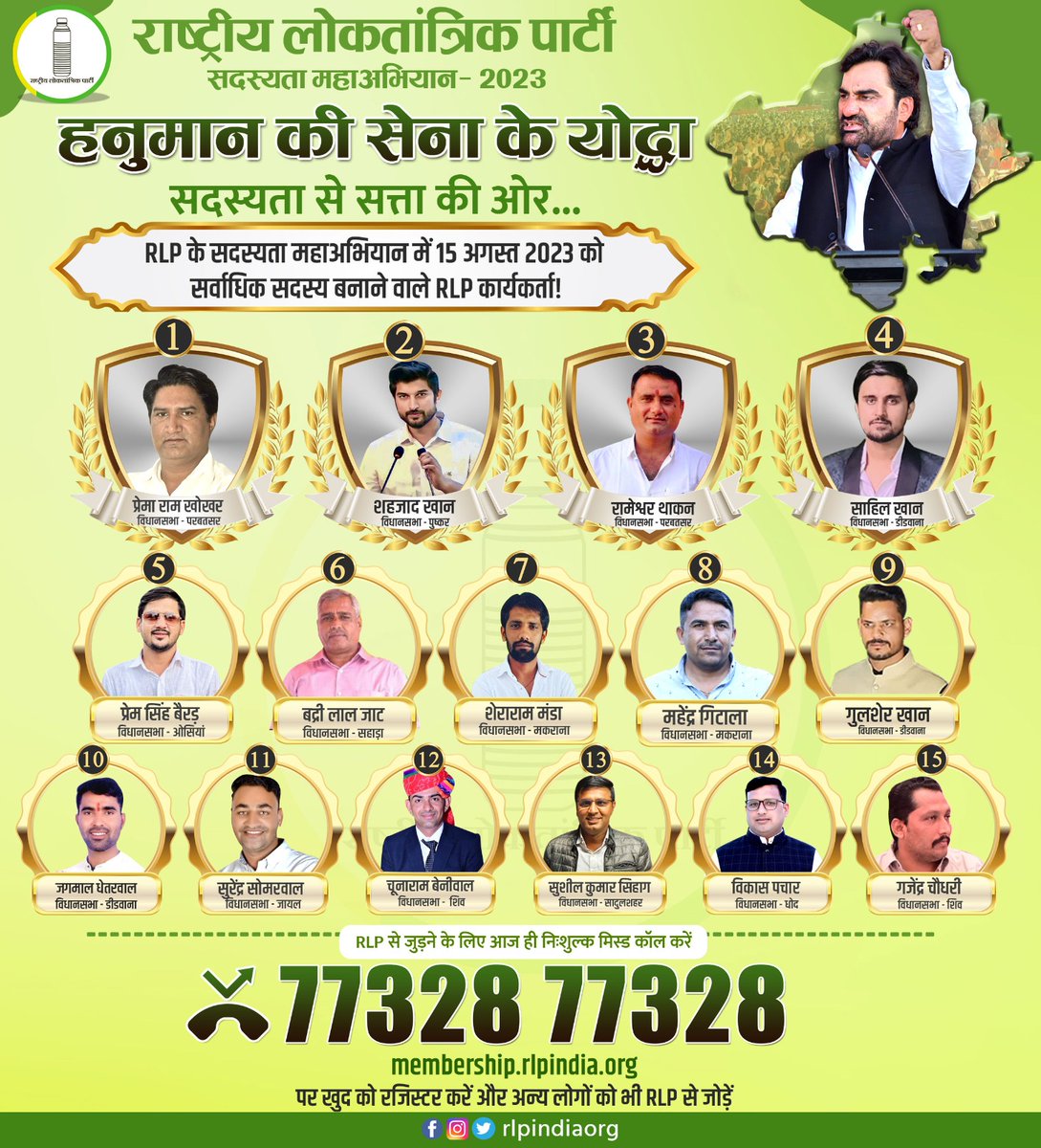 राजस्थान में व्यवस्था परिवर्तन के लिए <a href="/RLPINDIAorg/">Rashtriya Loktantrik Party</a> के सदस्यता महाअभियान में 15 अगस्त 2023 को सर्वाधिक सदस्य बनाने वाले RLP कार्यकर्त्ता।

#RLP #RLPRajasthan #सदस्यता_से_सत्ता_की_ओर