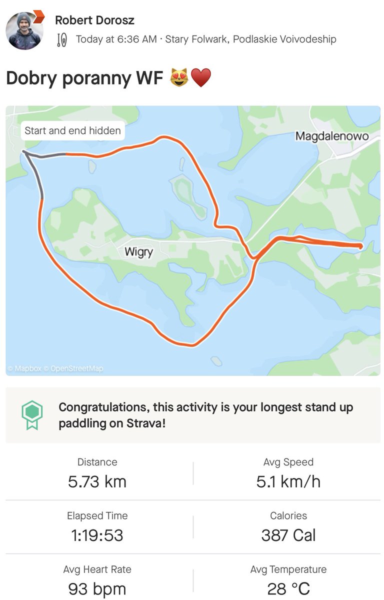 Pobudka wczesnym świtem i dobry poranny WF. 6 km na desce w najcudowniejszych okolicznościach przyrody. Samiuteńki, na Wigrach jeszcze pusto. Jaka tu jest cisza to wprost nieprawdopodobne. Dobrego dnia Ro Dacy 🙃😍