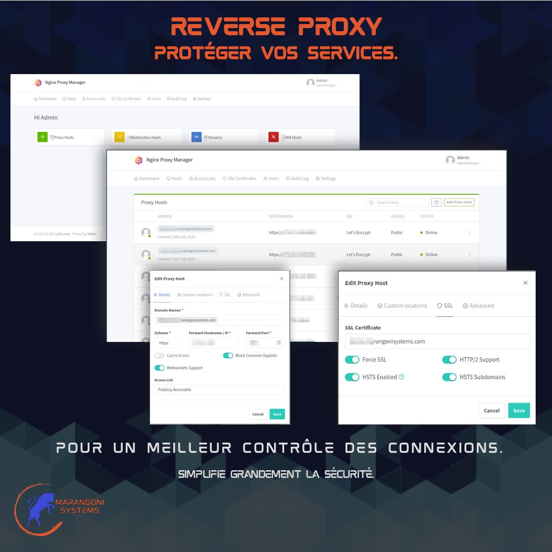 MarangoniSys's tweet image. Sécuriser les services derrière un reverse proxy permet une meilleure gestion de ces derniers, un contrôle plus précis de leurs usages et une plus grande flexibilité.

#NPM #nginxproxymanager #nginx #linux #proxy #web #security #reverseproxy #ssl #https #certificat