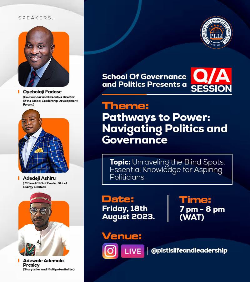 bjfadase1's tweet image. Join me on Friday, 18th August 2023 at 7pm for a virtual discussion (IG Live)  on "Unveiling the blind spots: Essential Knowledge for Aspiring Politicians" 

This is a must-attend event powered by the School of Governance and Politics by the @pistislife 

#gldf #getinvolved