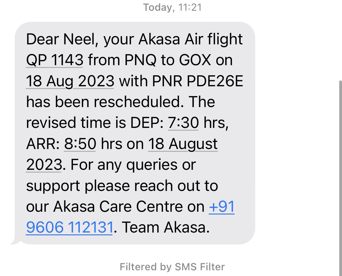 ChitnisNeel's tweet photo. @AkasaAir Two days in a row the flight has been rescheduled. Call Center number is waiting for more than 40 mins. No resolution. What do you expect us to do. Only by saying sorry for the inconvenience doesn’t help. Please resolve this issue. https://t.co/7McO36oR7W