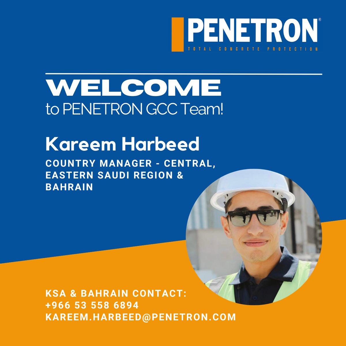 Welcome to Penetron GCC Team Kareem Harbeed! Happy to have you on board!

For KSA & Bahrain contact, please feel free to contact Mr. Kareem at +966 53 558 6894 or kareem.harbeed@penetron.com
#PenetronGCC #PenetronGlobal #PenetronStrong #waterproofingsolutions