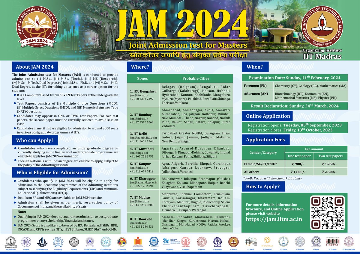 GATE-JAM office, IIT Bombay announces the launch of the Joint Admission test for Masters 2024 website jam.iitb.ac.in by IIT Madras. Application portal is expected to open by 5th Sept 2023. All eligible students and other aspirants are encouraged to apply.