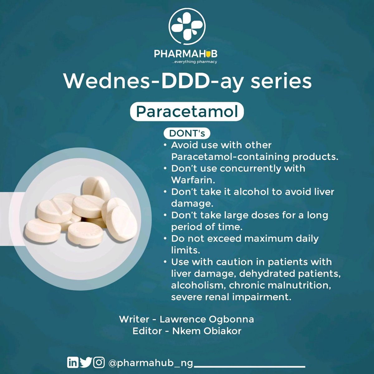 #PARACETAMOL 

This medicine belongs to a group of medicines called analgesics (painkillers) and is used to treat pain (including headache, toothache, back and period pain) and cold or flu symptoms.

#Wednes-DDD-ay series

©️PharmahubNG.