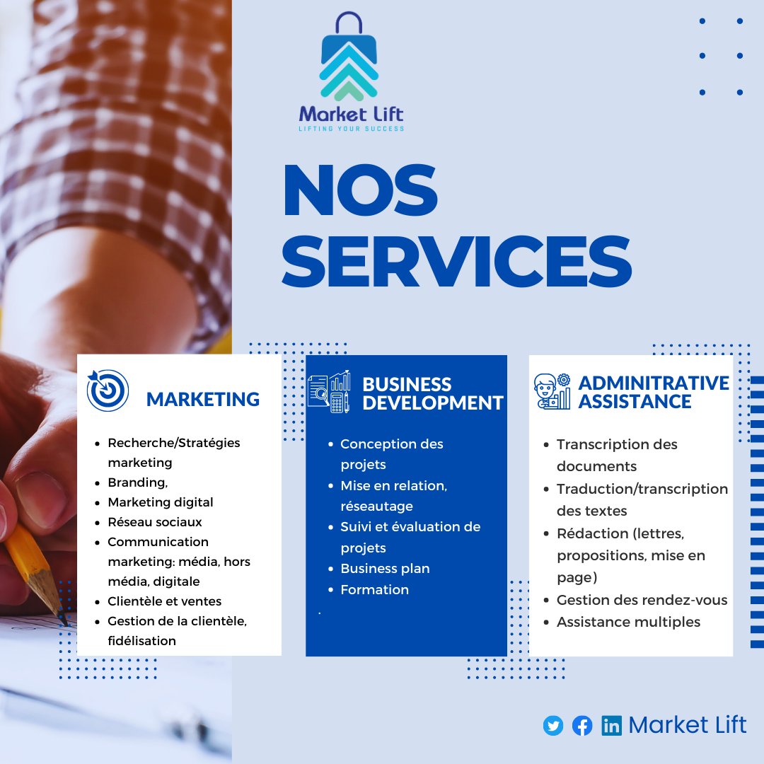 MarketLift_SU's tweet photo. Découvrez nos services. Nous vous aidons dans les domaines du Marketing, de l'Assistance Administrative et du développement des affaires.
Contactez-nous via nos réseaux sociaux et au +25761229795 pr plus de détails.
#Marketing
#Business_Development
#Administrative_Assistance https://t.co/AxYBI8o6qN