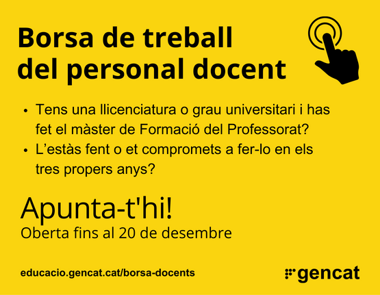 educaciocat's tweet photo. 🔔Oberta la borsa del personal docent!

Què necessites? 
🔹Una llicenciatura o grau universitari.
🔹Màster de Formació del Professorat. 

➡️Si encara no tens el màster, però l'estàs cursant o ho faràs en els propers 3 anys també t'hi pots incorporar.

https://t.co/gXbdI9lQur https://t.co/EU5dA204mM