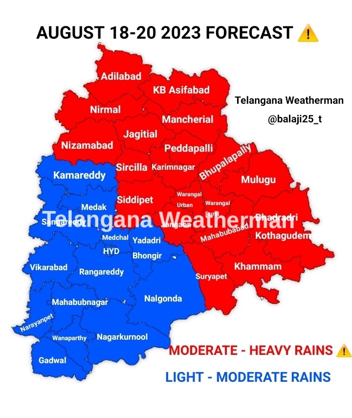 balaji25_t's tweet photo. ACTIVE RAIN SPELL DUE TO UAC 🌧️

Due to UAC there will be 3day spell of good rains in TS.  Rains will increase from Aug 18, peak on Aug 19, will gradually reduce after Aug 20. North, East Telangana will get heavy rains

Hyderabad, South Telangana will have Light - moderate rains https://t.co/rVSYEcMYRe