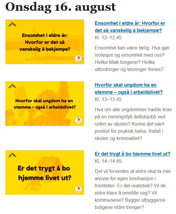 NOVAnytt's tweet photo. Tre spenndende arrangementer i NOVA-regi på #arendalsuka i dag: Ensomhet blant eldre, ungdom i arbeidslivet og eldre og bolig. Kom på Kulturkammeret eller følg sendingene her: https://t.co/VRVc6kouM6 @OsloMet https://t.co/AZuTWaZrPJ