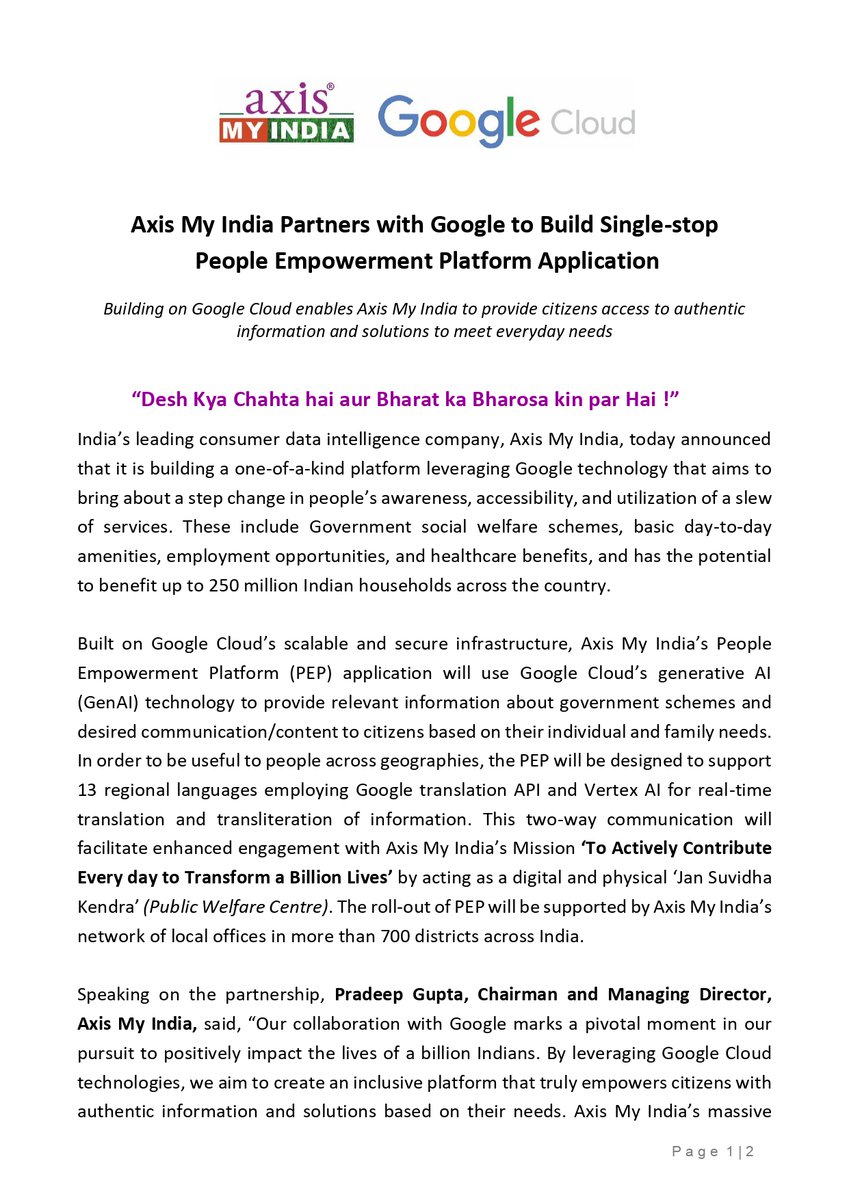 PradeepGuptaAMI's tweet photo. We are excited as we move a step closer to our vision ‘To Connect and Resolve Problems of All 25 Crore (250 Mn) Indian Households’. 
@AxisMyIndia's People Empowerment Platform (PEP) application will provide citizens access to authentic information and solutions to meet everyday needs. Our collaboration with @GoogleIndia marks a pivotal moment in this journey.

@Bikbedi @GoogleCloud_IN #AxisMyIndia #PeopleEmpowermentPlatform  #citizenservices