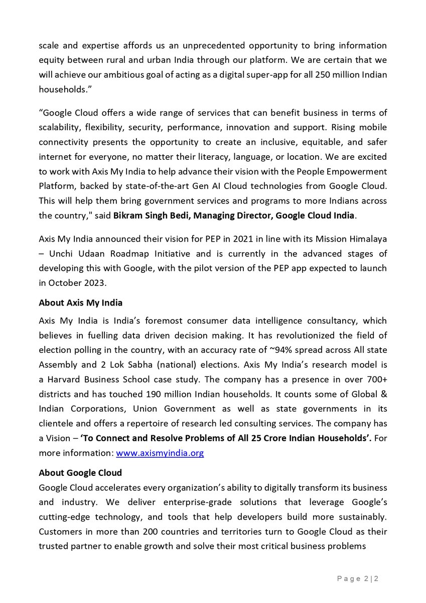 PradeepGuptaAMI's tweet photo. We are excited as we move a step closer to our vision ‘To Connect and Resolve Problems of All 25 Crore (250 Mn) Indian Households’. 
@AxisMyIndia's People Empowerment Platform (PEP) application will provide citizens access to authentic information and solutions to meet everyday needs. Our collaboration with @GoogleIndia marks a pivotal moment in this journey.

@Bikbedi @GoogleCloud_IN #AxisMyIndia #PeopleEmpowermentPlatform  #citizenservices