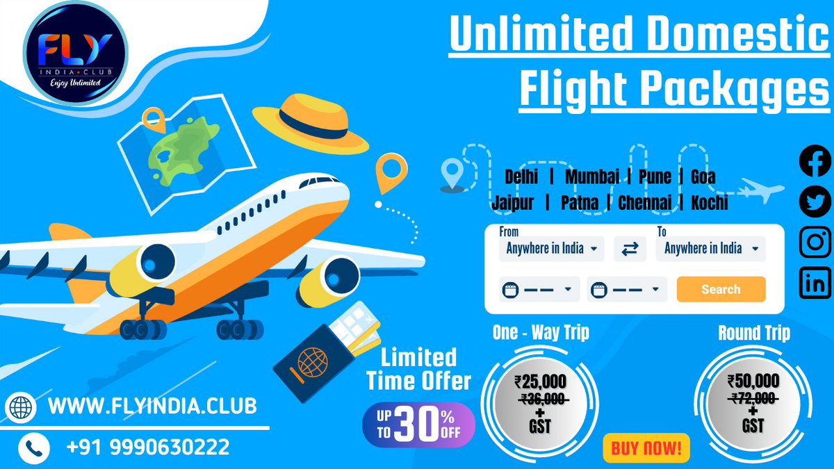 Discover the joy of boundless exploration with FlyIndia.Club unlimited flight packages, where every trip is a taste of liberty.

For more information visit our website: flyindia.club or contact us at +91 9990630222
#Unlimitedflights #unlimiteddomesticflights