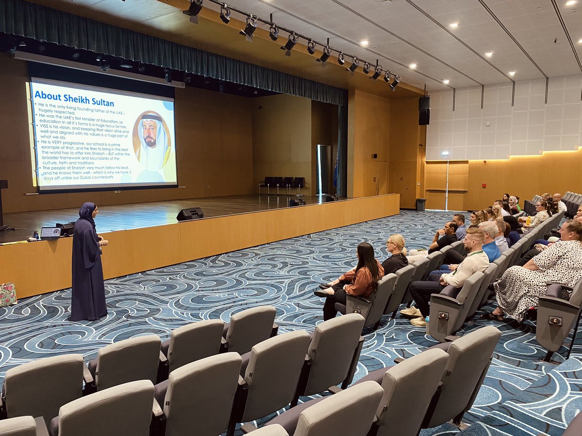TheDigiTechDad's tweet image. One of my most favourite public speakers @Ms_Hediah doing her cultural talk about life in the #UAE for our new teachers. Always a memorable speech to set up our teachers for success! Shukran! #CollabUAE #SeeSharjah #VISS #NewSchool @VISSUAE @vissprincipal