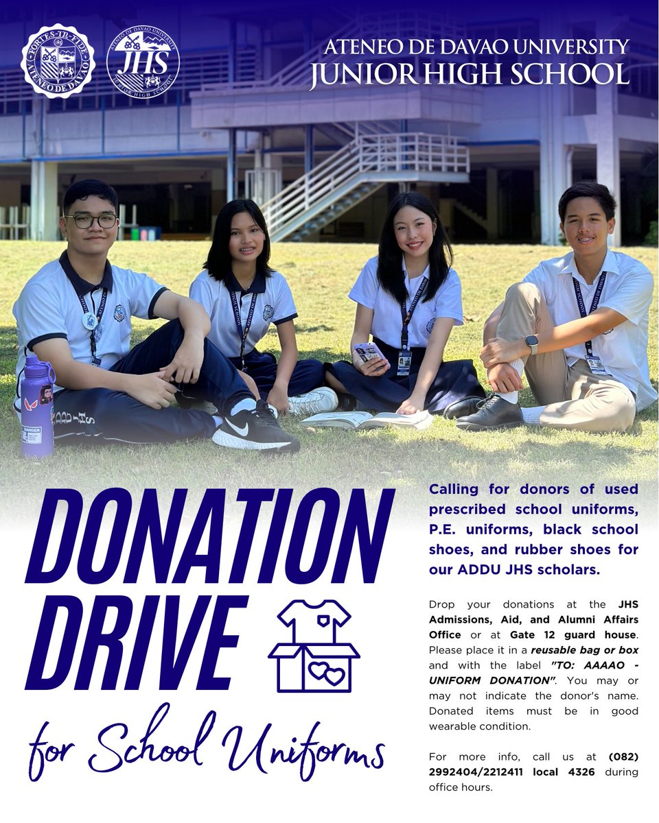 AdDU_JHS's tweet photo. ANNOUNCEMENT | We are calling our JHS alumni to donate used prescribed uniforms, PE uniforms, black school shoes, and rubber shoes for the benefit of our scholars. See poster for details.

#aimhighataddujuniorhigh
@addujhs_osa @asecofficial24 https://t.co/7OTi2wJMn5