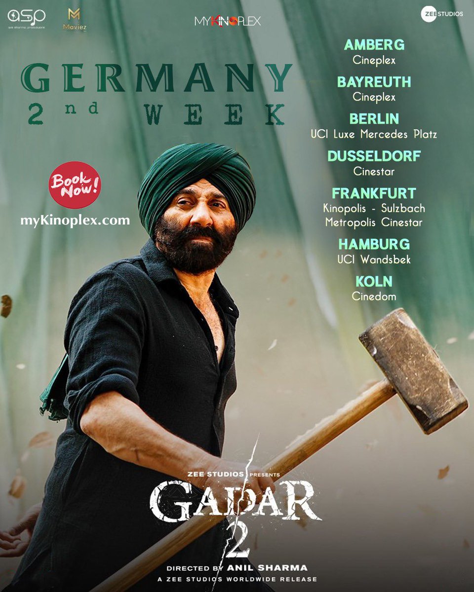mykinoplex's tweet photo. GADAR mach chuka hai, aur ab yeh thamega nahin! 🔥🤩

Book your tickets! Germany 
🔗 - https://t.co/fJ8KOGJXB0 

#Gadar2 in cinemas now. 🎞️

@ZeeStudios_ https://t.co/YJXGRyuKAc