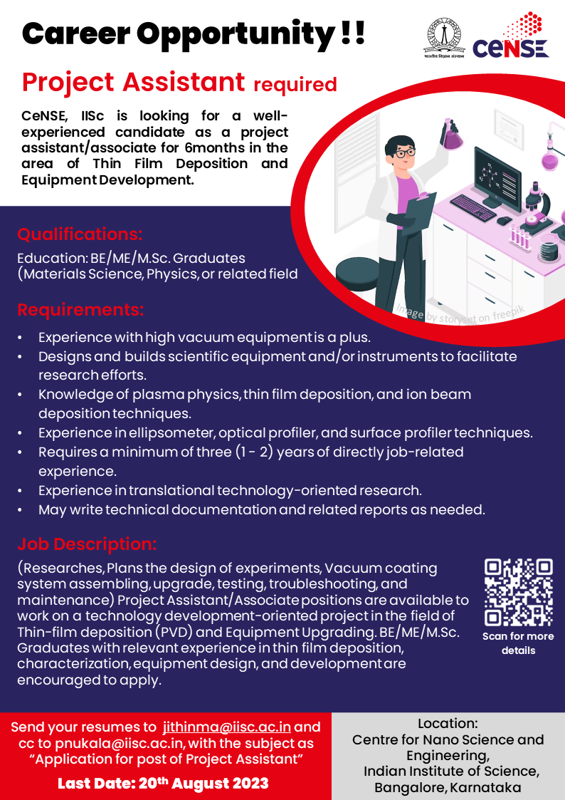 CeNSEatIISc (@censeatiisc) on Twitter photo We are #hiring
<a href="/CeNSEatIISc/">CeNSEatIISc</a>, <a href="/iiscbangalore/">IISc Bangalore</a> is looking for a well-experienced candidate as a project assistant/ associate in the area of thin film deposition and equipment development.
cense.iisc.ac.in/content/careers
Send resume by email before 20th August 2023.
#job #career #opportunity We are #hiring
<a href="/CeNSEatIISc/">CeNSEatIISc</a>, <a href="/iiscbangalore/">IISc Bangalore</a> is looking for a well-experienced candidate as a project assistant/ associate in the area of thin film deposition and equipment development.
cense.iisc.ac.in/content/careers
Send resume by email before 20th August 2023.
#job #career #opportunity