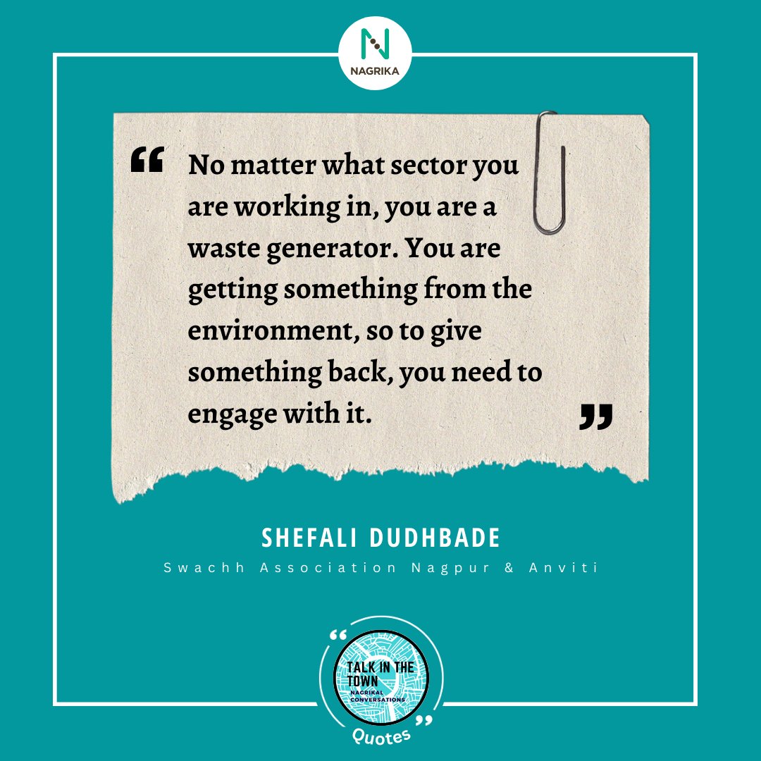 According to Shefali Dudhbade, everyone is a waste generator regardless of occupation or location. 

She believes that since we receive so much from the environment, it is our duty to give back by engaging with it. 

#Nagrika #TalkintheTown #Nagpur #swachh #Maharastra