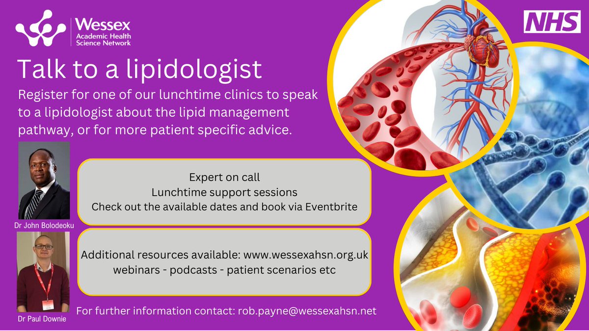 Register for one of our monthly lunchtime clinics to speak to a lipidologist about the lipid management pathway, or for more patient specific advice.

Dates range from Sept - Dec 2023 

Register now: buff.ly/3OGhUYn #lipidmanagement #primarycare #PCN #secondarycare