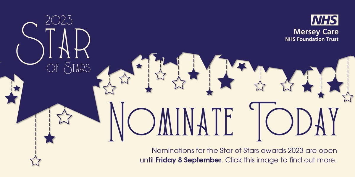 Mersey_Care's tweet photo. Nominations are open for our #StarAwards 🌟

The awards aim to celebrate the fantastic work our staff do 🌟

If there is a team or person you feel deserves recognition for their outstanding work, make sure to get your entries in 🌟 

https://t.co/yE2zz5HjpN https://t.co/EkAVyld72P