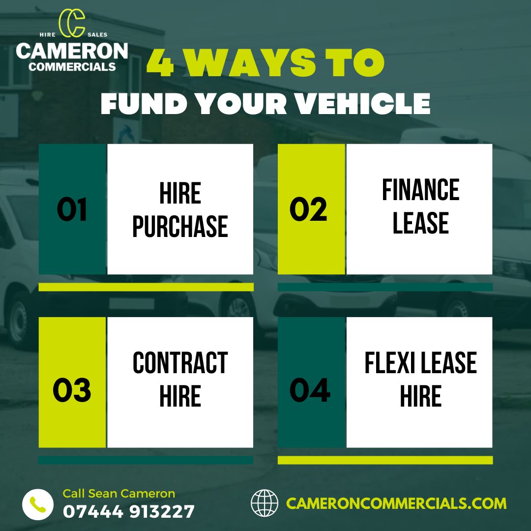 Exploring LCV Purchase Options? 🚚💼

Here's How You Can Fund Your New Vehicle: 

#Van Hire Purchase (HP) 📝💰
Finance Lease 📋💼
Contract Hire 📝🚚
Flexi Lease Hire 🔄💼

When you need a van, Sean’s your man! 🚀👇

🌐 cameroncommercials.com/additional-ser… 

#VehicleFinance #CommercialVehicles