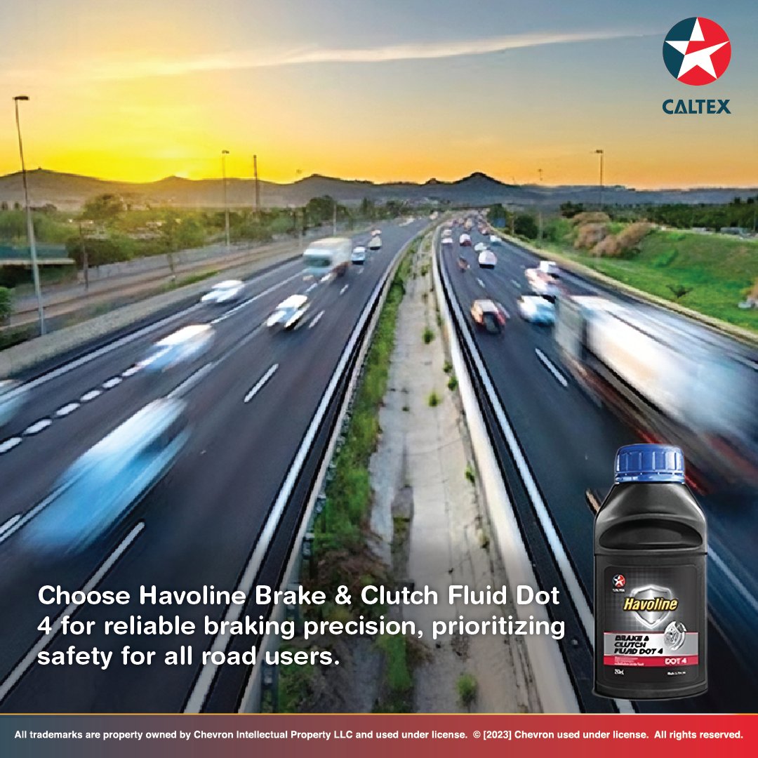 CaltexEA's tweet image. Count on Havoline Brake &amp;amp; Clutch Fluid Dot 4 to deliver confidence-inspiring braking performance and optimized clutch operation, ensuring safety and peace of mind in every driving experience.

#WeKeepTheWorldMoving #CaltexLubricants #EngineOil #SafeRideAlways #CaltexHavoline