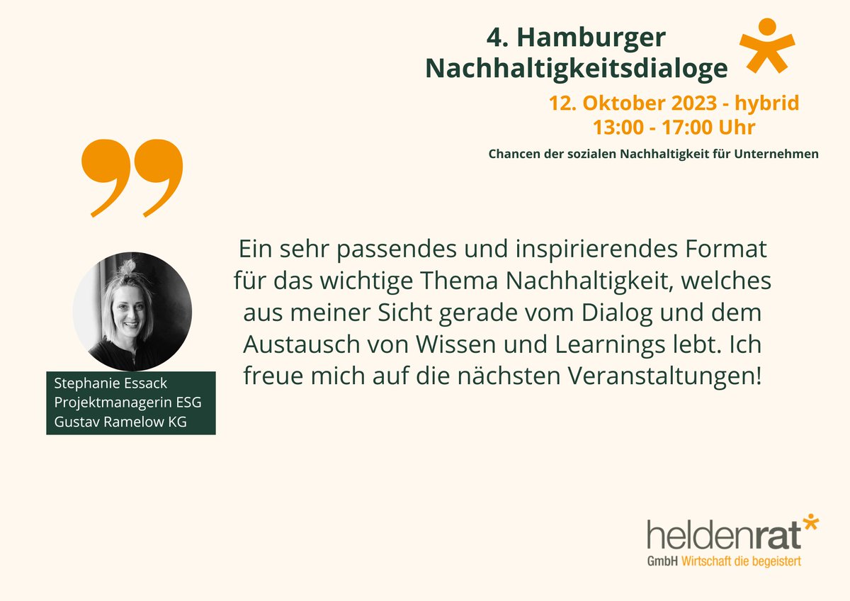 Wir freuen uns ja sehr, wenn unsere Formate funktionieren und Mehrwert stiften 🌟 

Am 12.10.2023 finden die 4. #HamburgerNachhaltigkeitsdialoge im Dockland und online statt. Ihr möchtet dabei sein? 👏 

Hier gehts zu weiteren Infos und der Anmeldung: buff.ly/43Qo2l8
