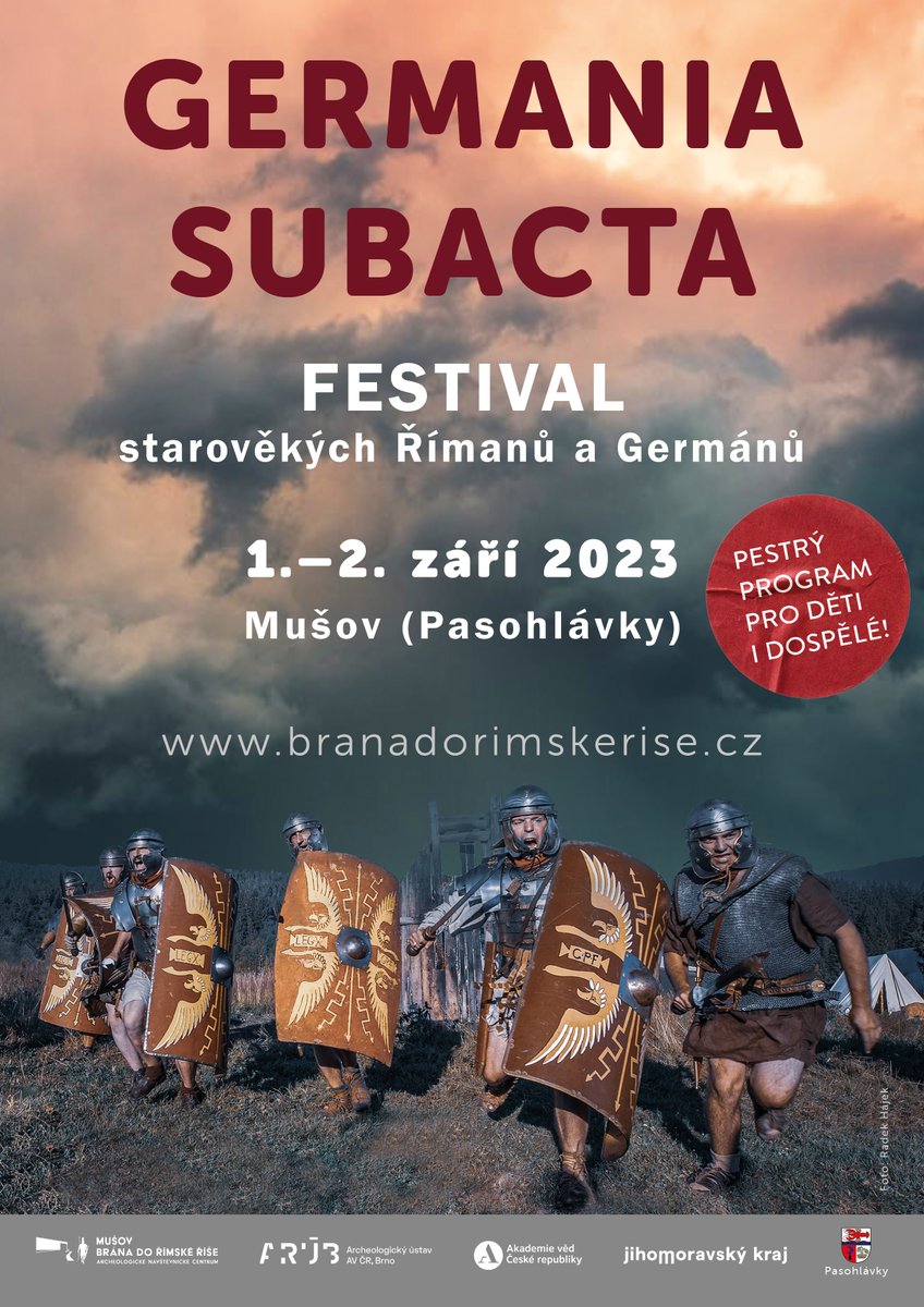 rimske's tweet photo. Srdečně vás zveme na největší římsko-barbarskou akci letošního roku! FESTIVAL GERMANIA SUBACTA, 1.-2. ZÁŘÍ 2023!
Stovka účinkujících, historická bitva, jezdecké vystoupení, dětská bitva, řemesla a mnoho dalšího!
Program: https://t.co/CtHzwvVxaR
#festival  #historie #archeologie https://t.co/tXM4yrkmsm