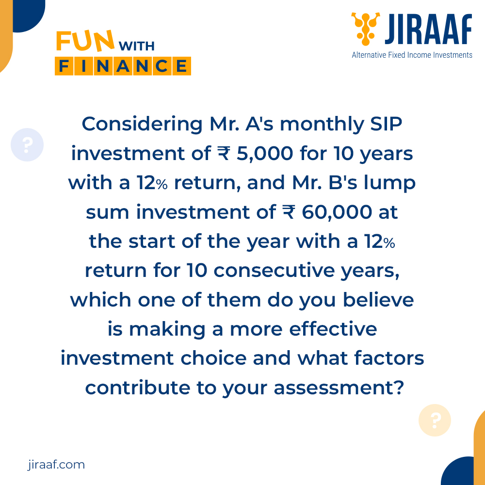 Jiraaf_Official's tweet image. Making Your Money Work: SIP vs. Lump Sum Investment!

In the world of investments, strategies matter! Let us compare the investment strategies of Mr. and Mr. B to understand what works better. Let us know your thoughts in the comments.

#FunwithFinance  #SIP #Lumpsum #Jiraaf