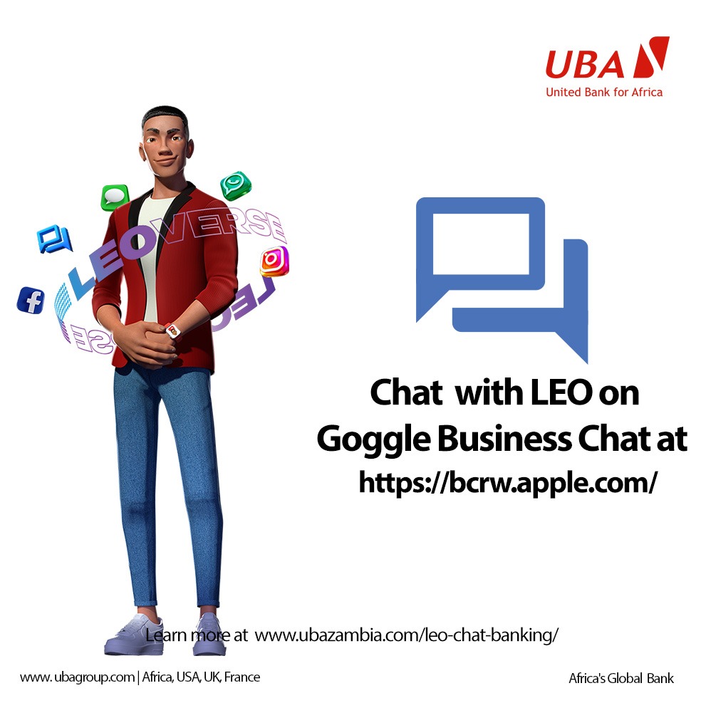 𝐋𝐄𝐎 𝐢𝐬 𝐡𝐞𝐫𝐞 𝐟𝐨𝐫 𝐲𝐨𝐮
Experience chat banking on five platforms for your banking needs:
WhatsApp: +260764241310
Messenger: m.me/ubachatbanking
Instagram: bit.ly/LeoOnIG
Google Business Chat: bit.ly/GBC-Direct

#LeoChatBanking
#AfricasGlobalBank