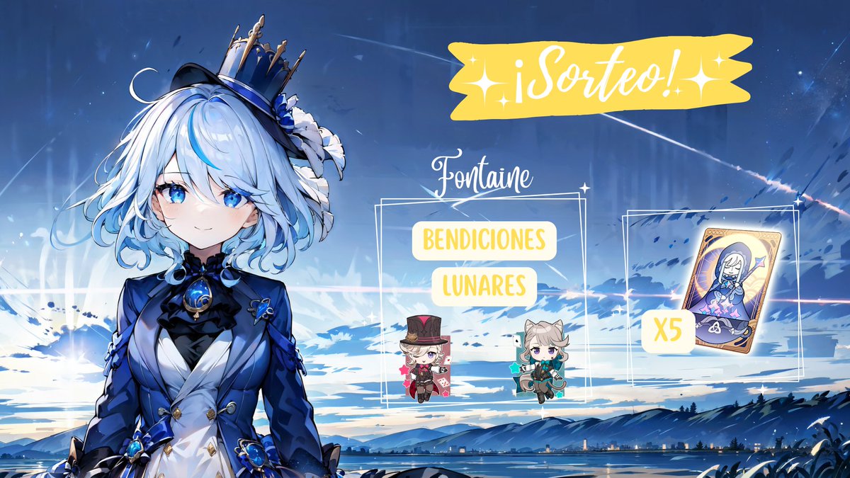 ✨🎁 SORTEO BENDICIONES LUNARES 🎁✨

Os traigo un regalito para que empecéis el parche con muchas protogemas (≧◡≦)💕

🌛 x5 bendiciones lunares

➡ RT al tweet 
➡ Follow a <a href="/sandry_afy/">Afy-ちゃん 🌸</a>

5 ganadores! 🍀
Participa hasta el 23 de Agosto 🗓️

#GenshinImpact #原神 #Sorteo #Fontaine