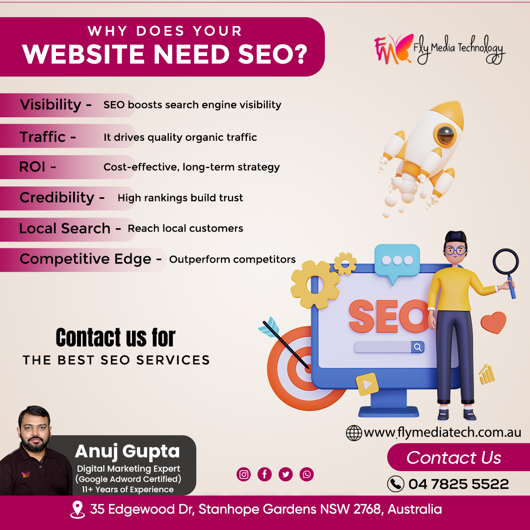 --> WHY DOES YOUR -WEBSITE NEED SEO? ✓Visibility -SEO boosts search engine visibility ✓Traffic-It drives quality organic traffic ✓ROI-Cost-effective, long-term strategy ✓Credibility High rankings build trust ☎ 04 7825 5522 🌐 flymediatech.com.au #seoexpert