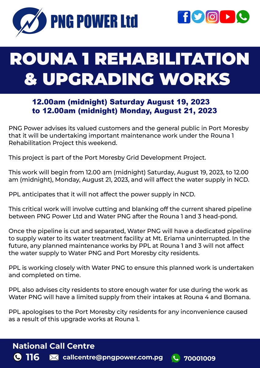 PNGPowerLtd's tweet photo. ROUNA 1 REHABILITATION AND UPGRADING WORKS TO BEGIN

PNG Power advises its valued customers and the general public in Port Moresby that it will be undertaking important maintenance work under the Rouna 1 Rehabilitation Project this weekend. https://t.co/lxHwPymGCg