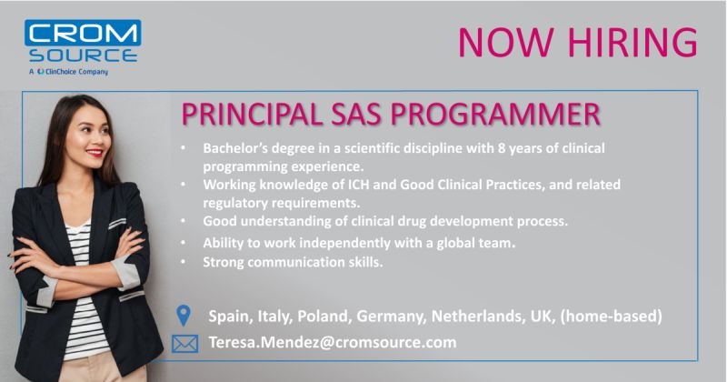 TalentSourceLS's tweet image. TalentSource Life Sciences (the sponsor-dedicated division of CROMSOURCE), is searching for a Principal Statistical Programmer to join a global pharmaceutical company. Apply today:
lnkd.in/dpkFmYdD
#jobs #hiring #statisticalprogrammer #programmer