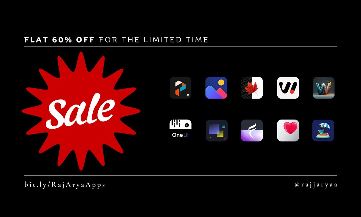 Exciting News! 🎉
Enjoy a massive 60% discount on selected apps 📱💸 

Don't miss out on this incredible deal to level up your homescreen experience. 
Grab them now while the sale lasts! 

bit.ly/RajAryaApps

#AppSale #LimitedTimeOffer